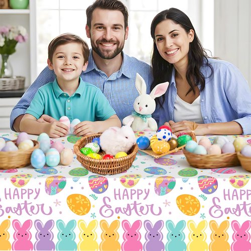 2 Pcs Happy Easter Table Cloth - Plastic Bunny Eggs Tablecloth, Disposable Rectangle Spring Floral Table Cover for Easter Home Dining Kitchen Activity Party Decorations Tables Decor, 108 x 54 Inch