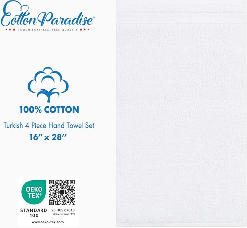 Cotton Paradise Hand Towels - 100% Turkish Cotton, Soft & Absorbent 4-Piece Set | White