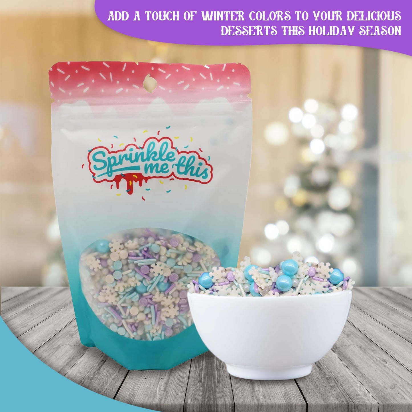 Let it Sprinkle - 12 Oz Resealable Bag - Winter and Christmas Themed Sprinkle Mix - Features Teal, Purple, and White Jimmies, Teal Pearls, and White Snowflake Quins - Cake and Ice Cream Sprinkles