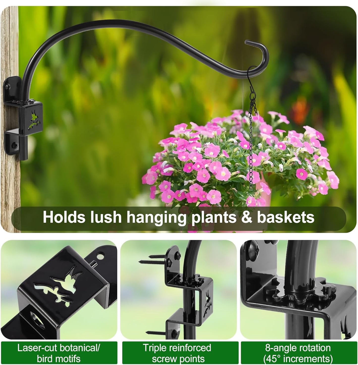 Skiennix 16-Inch Swivel Plant Hanger Bracket - 360° Rotating Heavy-Duty Metal Wall Mount (Black)