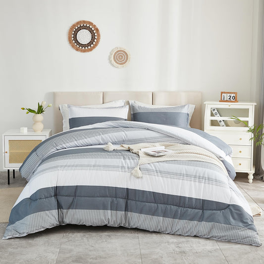 Litanika Comforter Full Size Bed Set Light Grey - 3 Pieces Lightweight Gray White Colorblock Stripe Fluffy Bedding Comforter Sets, All Season Bed Set