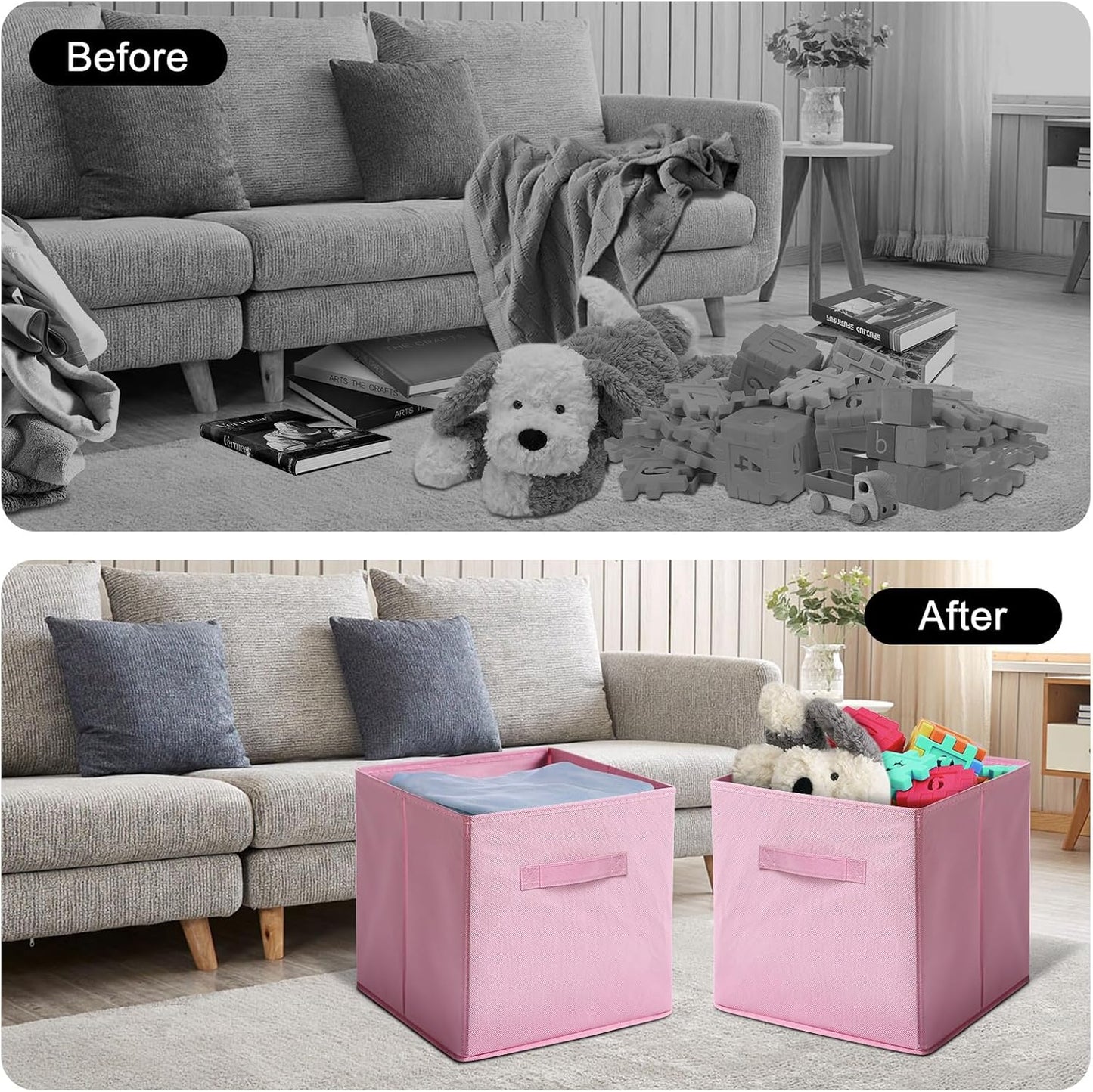 Skiennix Fabric Storage Bins - 6 Pack Collapsible Cube Organizers for Closet & Living Space | Foldable with Handles (Pink, 11 Inch)
