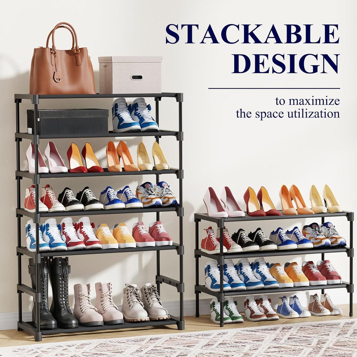 Kitsure Shoe Rack - X-Large Non-Woven Shoe Organizer for Closet, Entryway & Garage - Black