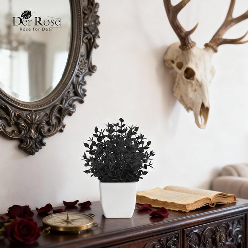 Der Rose Mini Black Fake Plants - 2 Pack Artificial Potted Decor for Halloween & Home Office