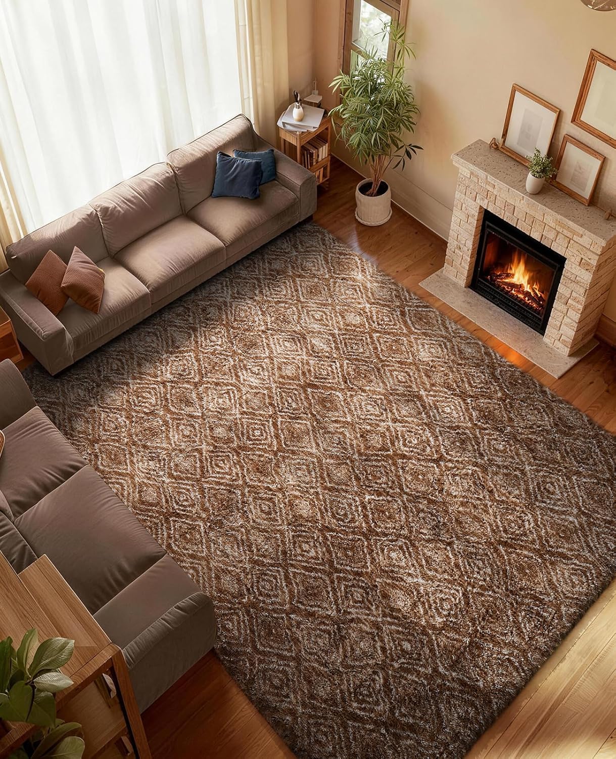 Ophanie Brown & White Diamond Striped Area Rug - Fluffy Shag 6x9 Soft Carpet for Living Room & Bedroom Decor