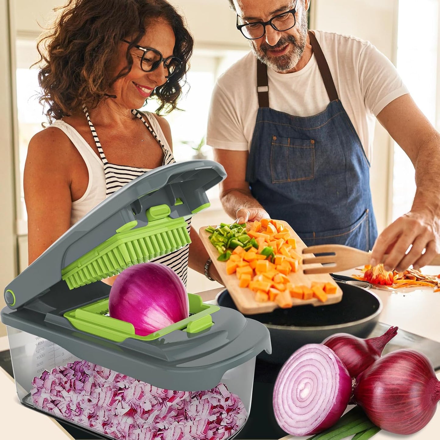 Ourokhome Vegetable Chopper - Manual Hand Dicer with 2 Blades for Potatoes, Onions & Carrots | 2-in-1 Gray Kitchen Gadget