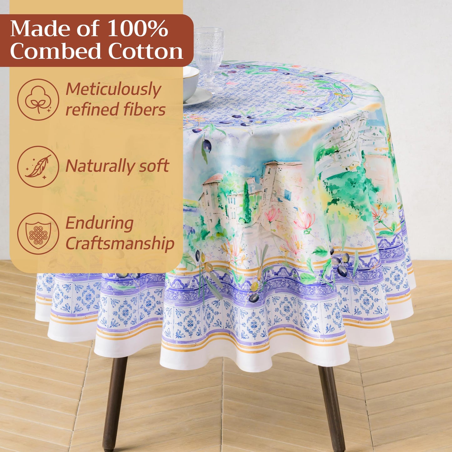 Maison d'Hermine Premium Table Cloth Round Table 100% Cotton 70 Inches Tablecloth Reusable Decorative Everyday Use for Dining Room, Farmhouse, Home, Party, Festive & Wedding - Luberon