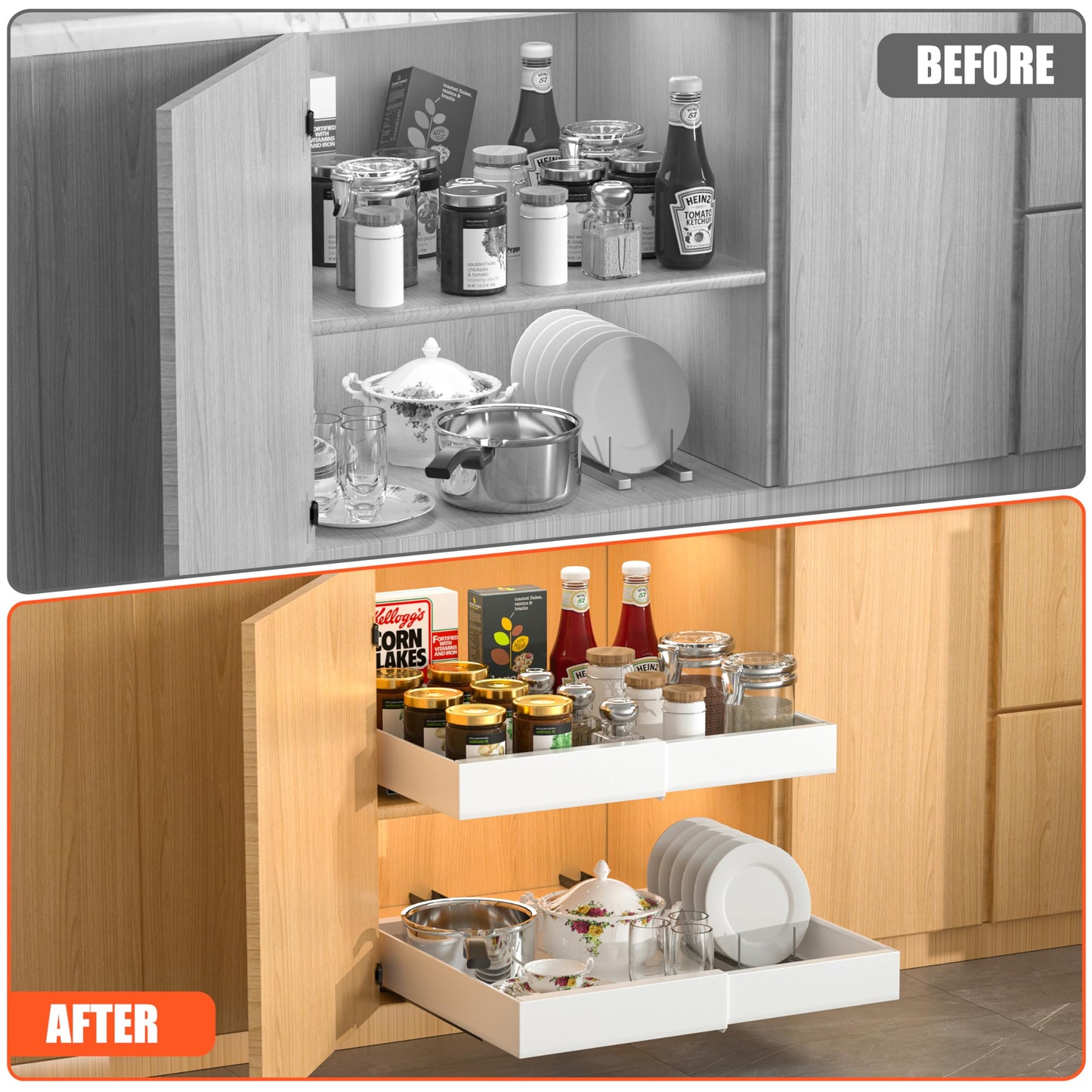 DEKAVA 2 Pack Pull Out Cabinet Organizer Expandable, Adhesive with Nano Film, Pull Out Drawers for Cabinets in Kitchen, Pantry or Bathroom (White, 21"DEEPX[12"-20'']Width-2PACK)