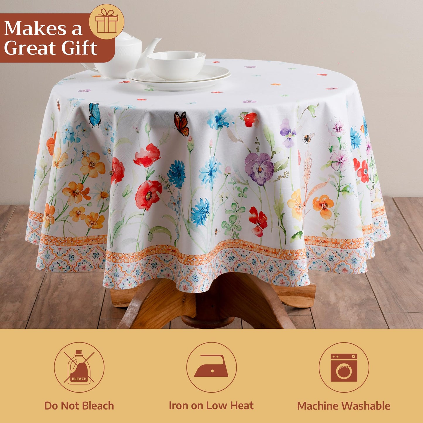 Maison d' Hermine Table Cloth Round Table 100% Cotton 69 Round Inches Tablecloth Reusable Decorative for Dining Kitchen Room Farmhouse Home Gifts for Mothers Day Spring Summer - Summer Whisper