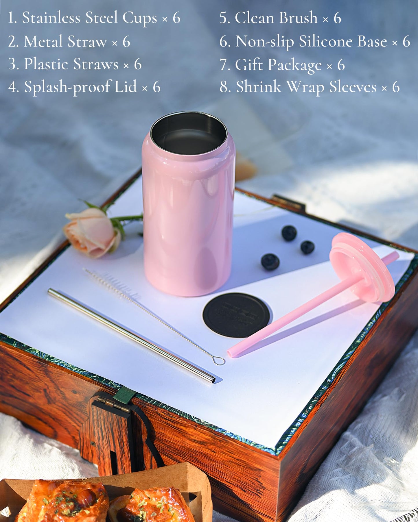 UIRZOTN 6Pack Glass Cups with Lids and Straws, 16oz Stainless Steels Cups, Beer Cup, Iced Coffee Cups, Smoothie Cup, Sublimation Tumbler (Shiny Polished Finish, Sublimatable)