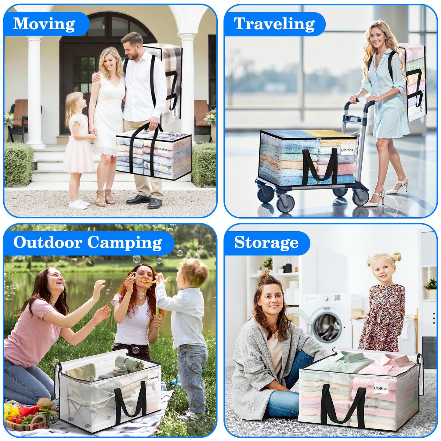 BlissTotes 6-Pack Large Moving Bags with Backpack Straps & Strong Zippers, Heavy-Duty Storage Bags Moving Boxes for Space Saving, Dorms, Transport, 93L-25 Gallons, Clear
