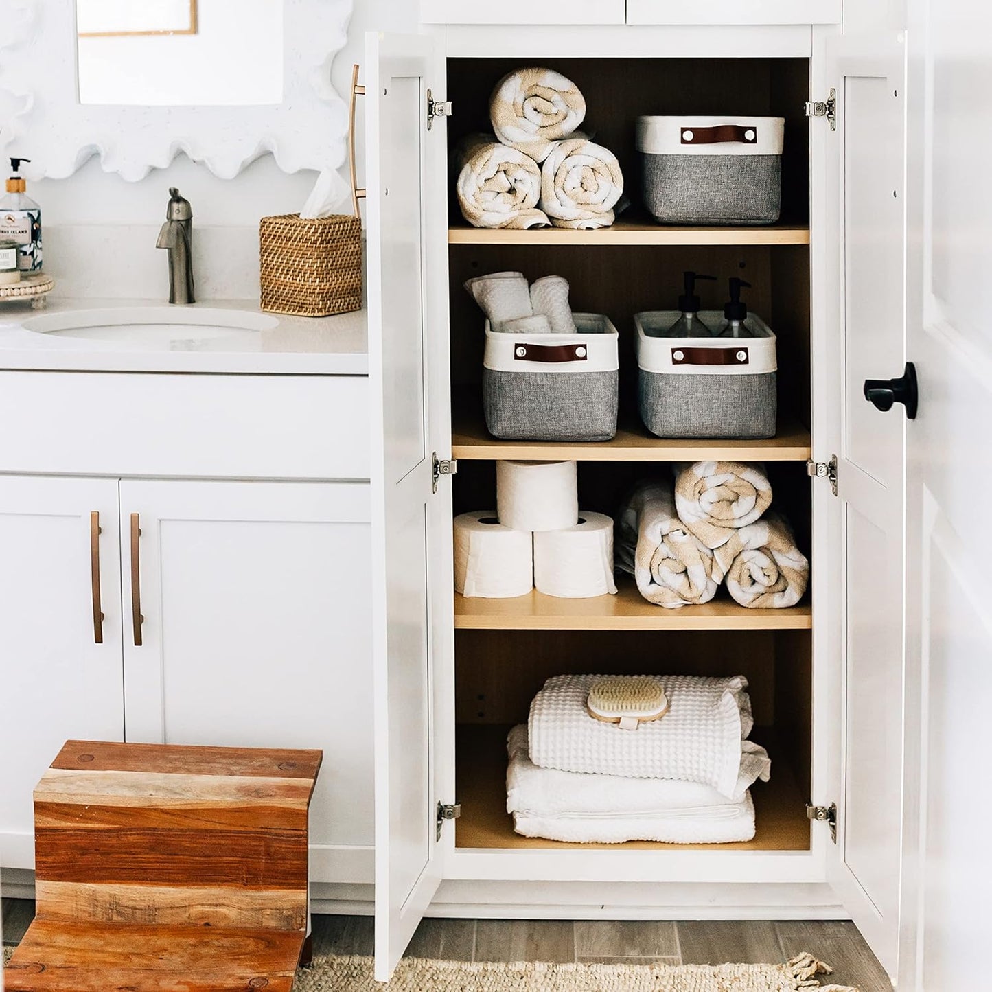 OrganiHaus Small Fabric Storage Baskets - 3 Pack Cloth Bins for Organizing | 12x8in Gray/Off-White