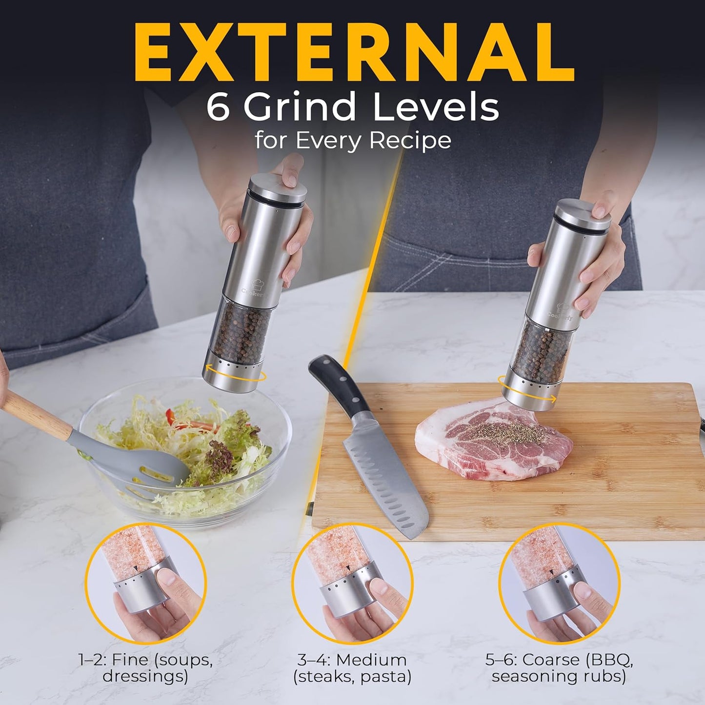 Skiennix Electric Salt and Pepper Grinder Set - Rechargeable, Stainless Steel, LED Light, 95ml Capacity