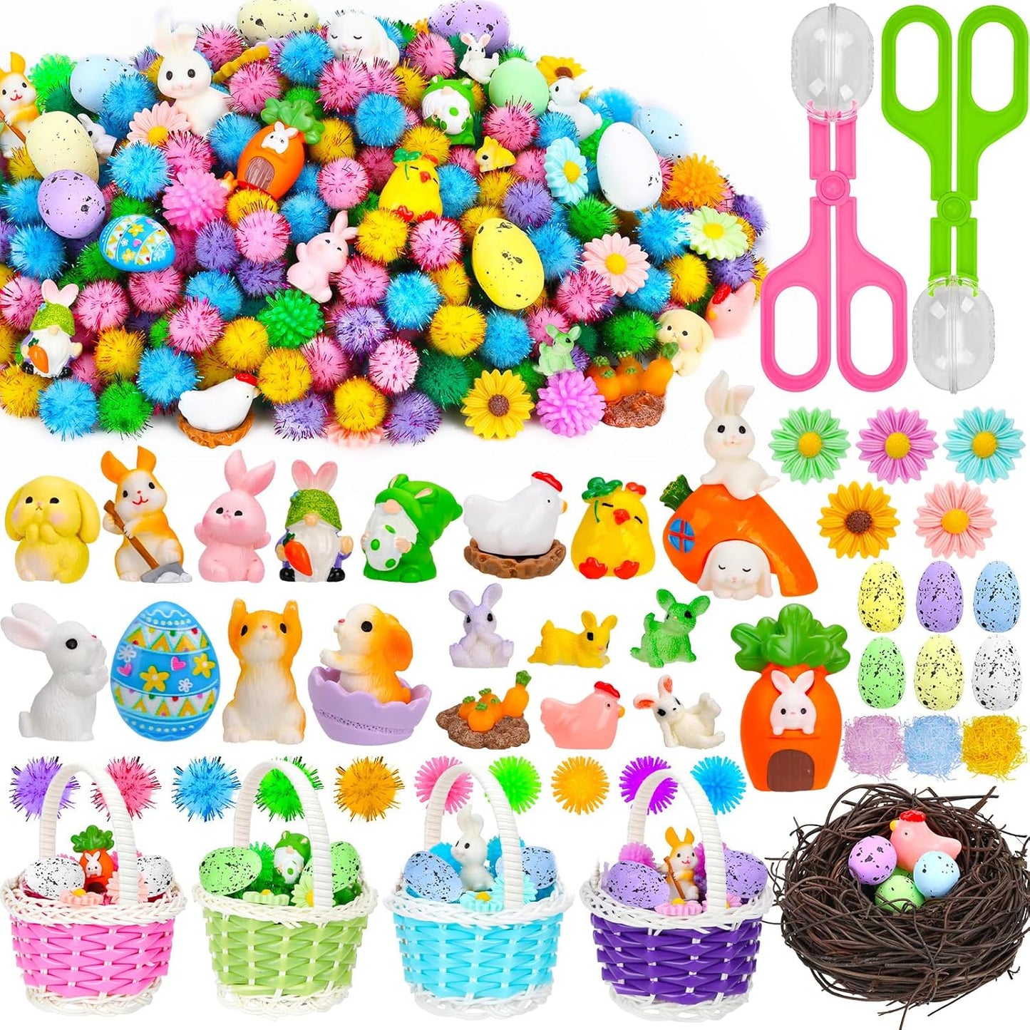 Skiennix Easter Sensory Bin Filler - 287 Pcs Colorful Eggs, Bunnies & Flowers for Counting Fun