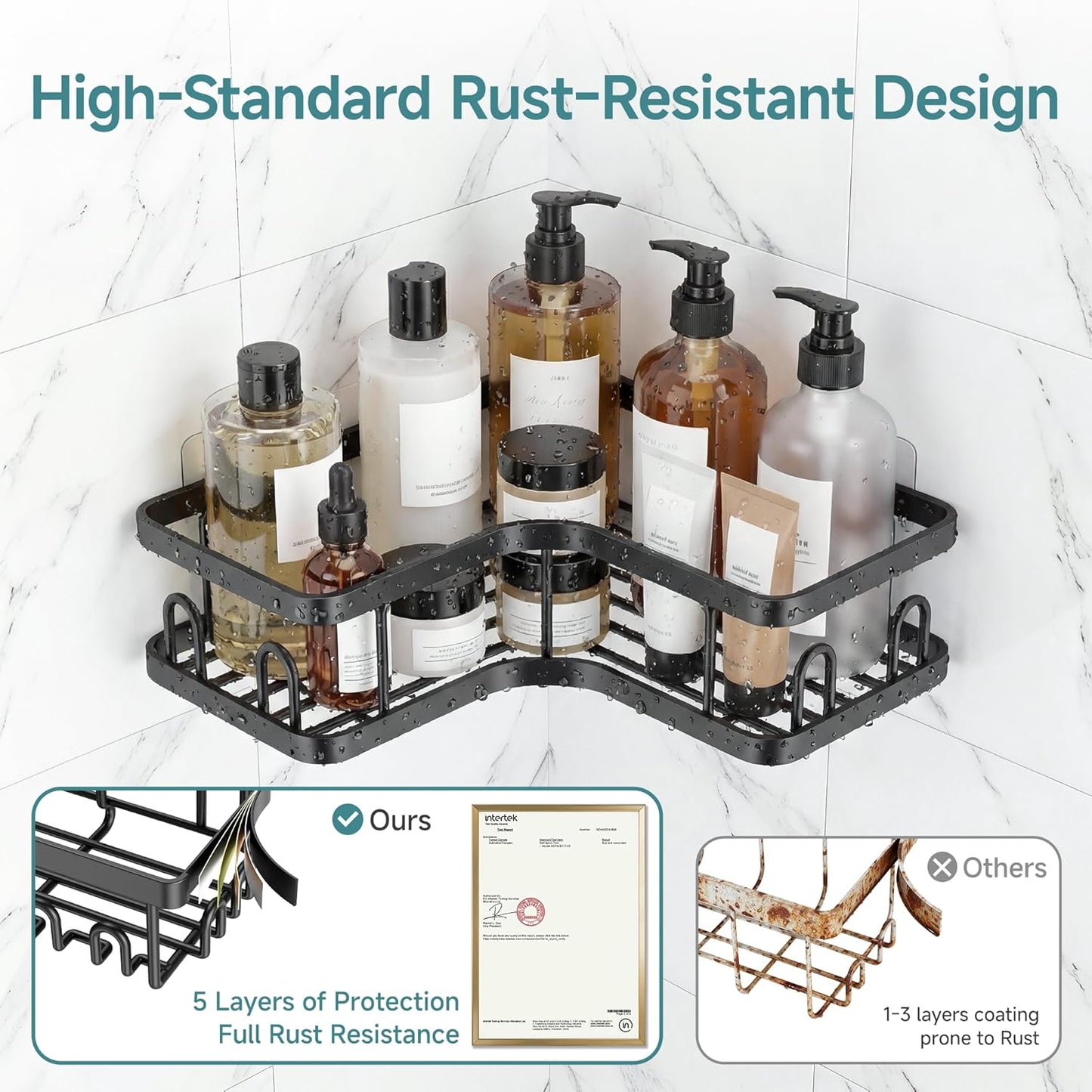 Veken Corner Shower Caddy 3-Pack - Adhesive, No Drilling, Rustproof & Waterproof | Black Bathroom Organizer