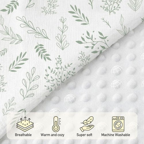 GLLQUEN Baby Blanket - Soft Muslin Cotton Front with Dotted Fleece Backing | Unisex Greenery Design, 30 x 40 Inches
