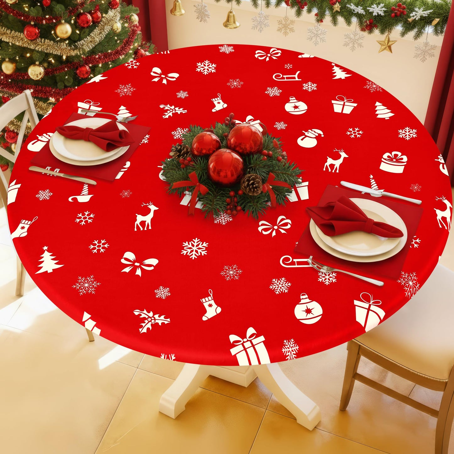 Moosfor Round Spandex Christmas Tablecloth, Elastic Fitted Waterproof Tablecloths for 45"-56" Tables, Stretch Washable Picnic Table Cover for Christmas Dinner, Box Snowflake