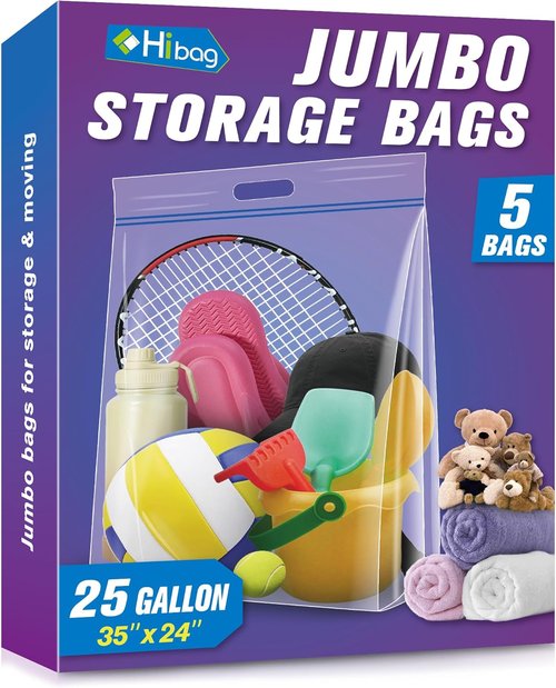 HIBAG Jumbo Storage Bags - 25 Gallon Resealable Clear Bags with Handle | Extra Large Heavy Duty, Pack of 5
