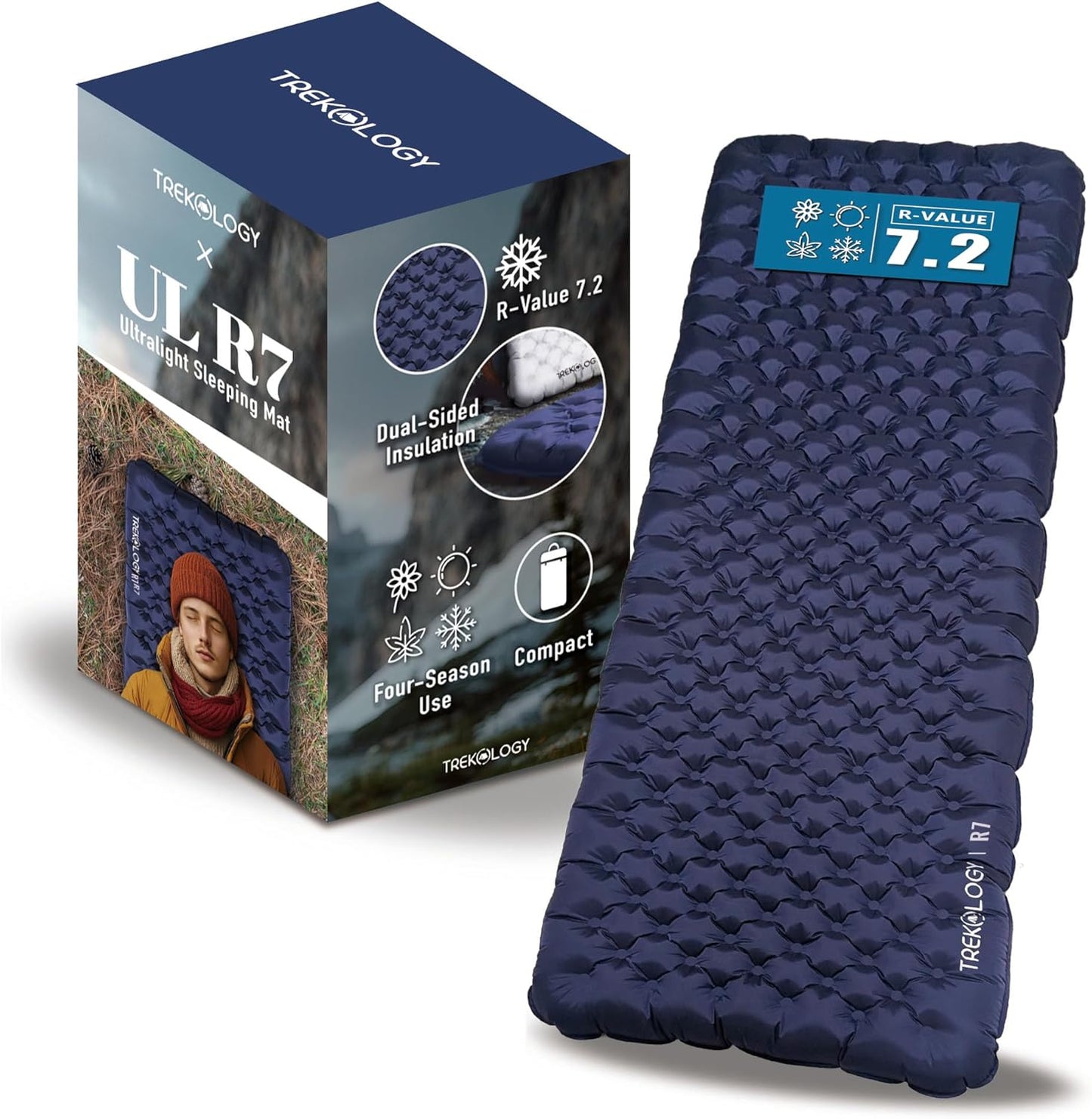 TrekoLOGY Camping Sleeping Pad - Ultra-Lightweight 4" Thick Mat with 7.2 R-Value | Waterproof & Durable for All Seasons