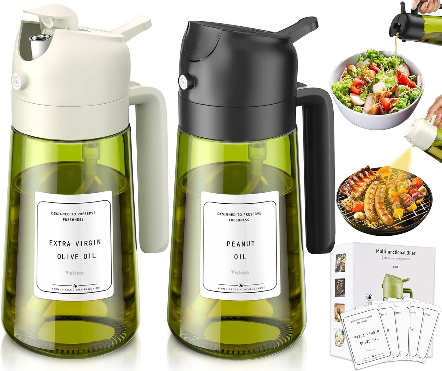 Vakoo 2 in 1 Oil Sprayer - 16oz Dark Glass Olive Oil Dispenser for Cooking & BBQ (Black/White)