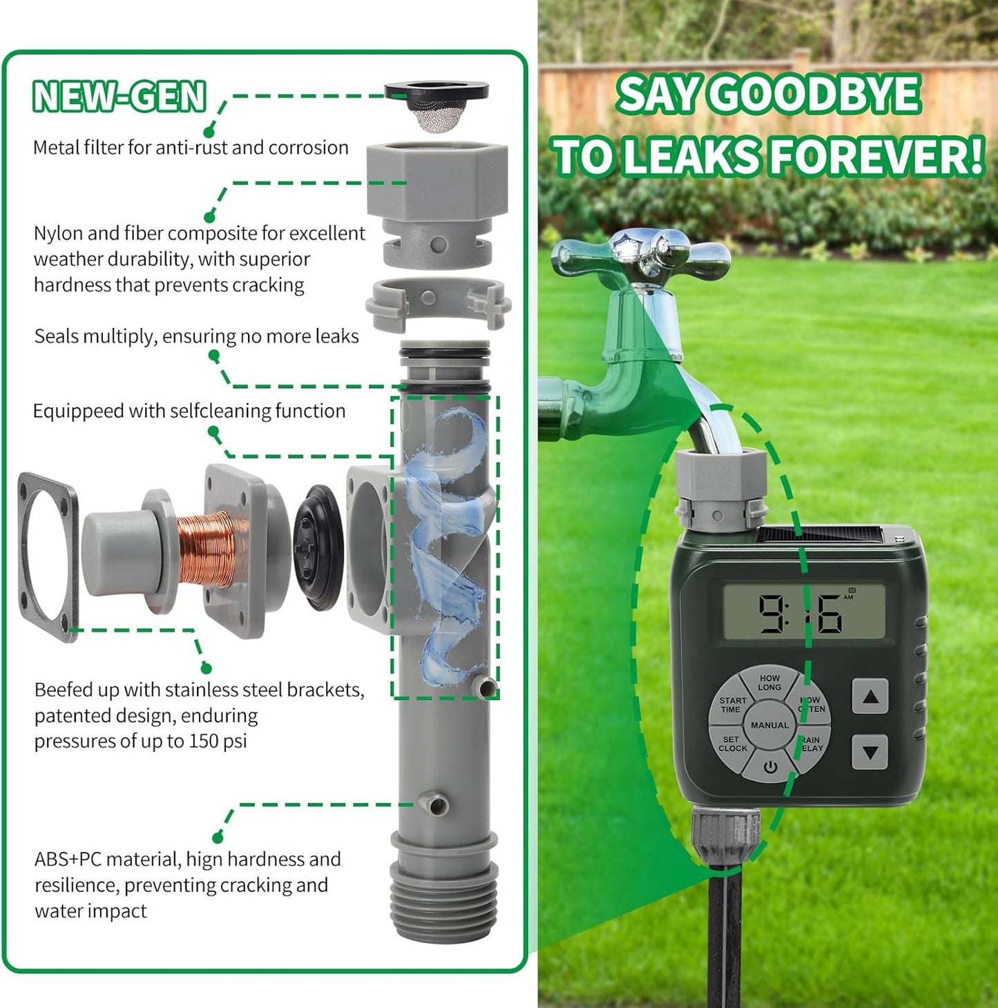 Zuomeng Hose Timer - Smart Irrigation Controller with Leak-Proof Design | Dual Power System, Green