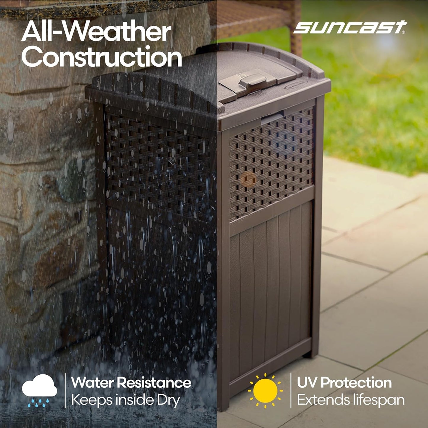 Suncast 33 Gallon Outdoor Trash Can - Lid Included for Garage, Backyard & Garden - Brown