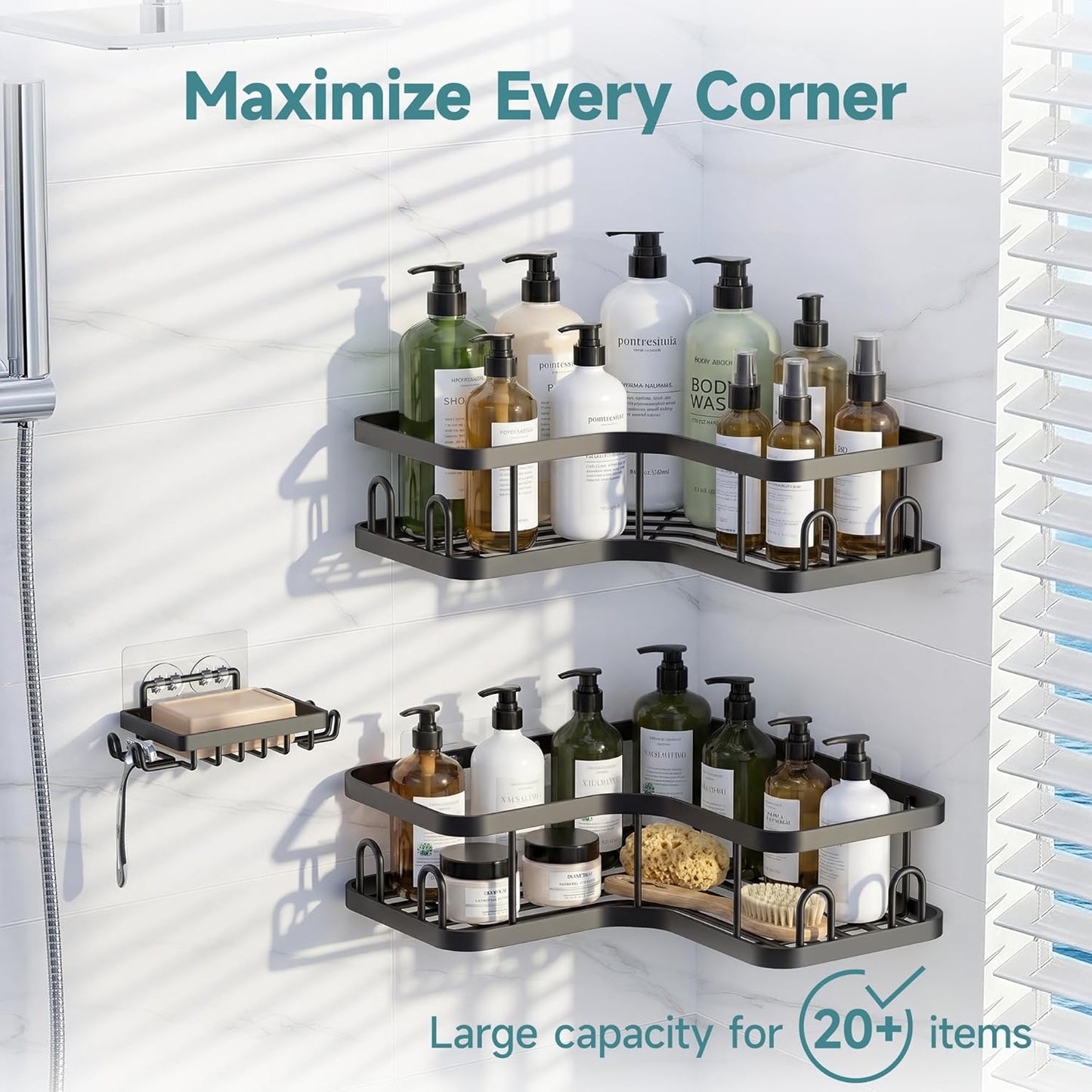 Veken Corner Shower Caddy 3-Pack - Adhesive, No Drilling, Rustproof & Waterproof | Black Bathroom Organizer