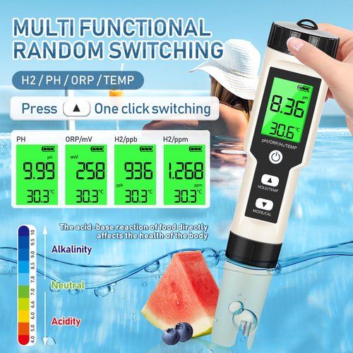 Hydrogen Water Tester 4 in 1 PH,H2,ORP&Temp,pH Meter ORP Meter Hydrogen Tester for Water with ATC & Backlight,Accurate Hydrogen Water ppb/ppm Meter