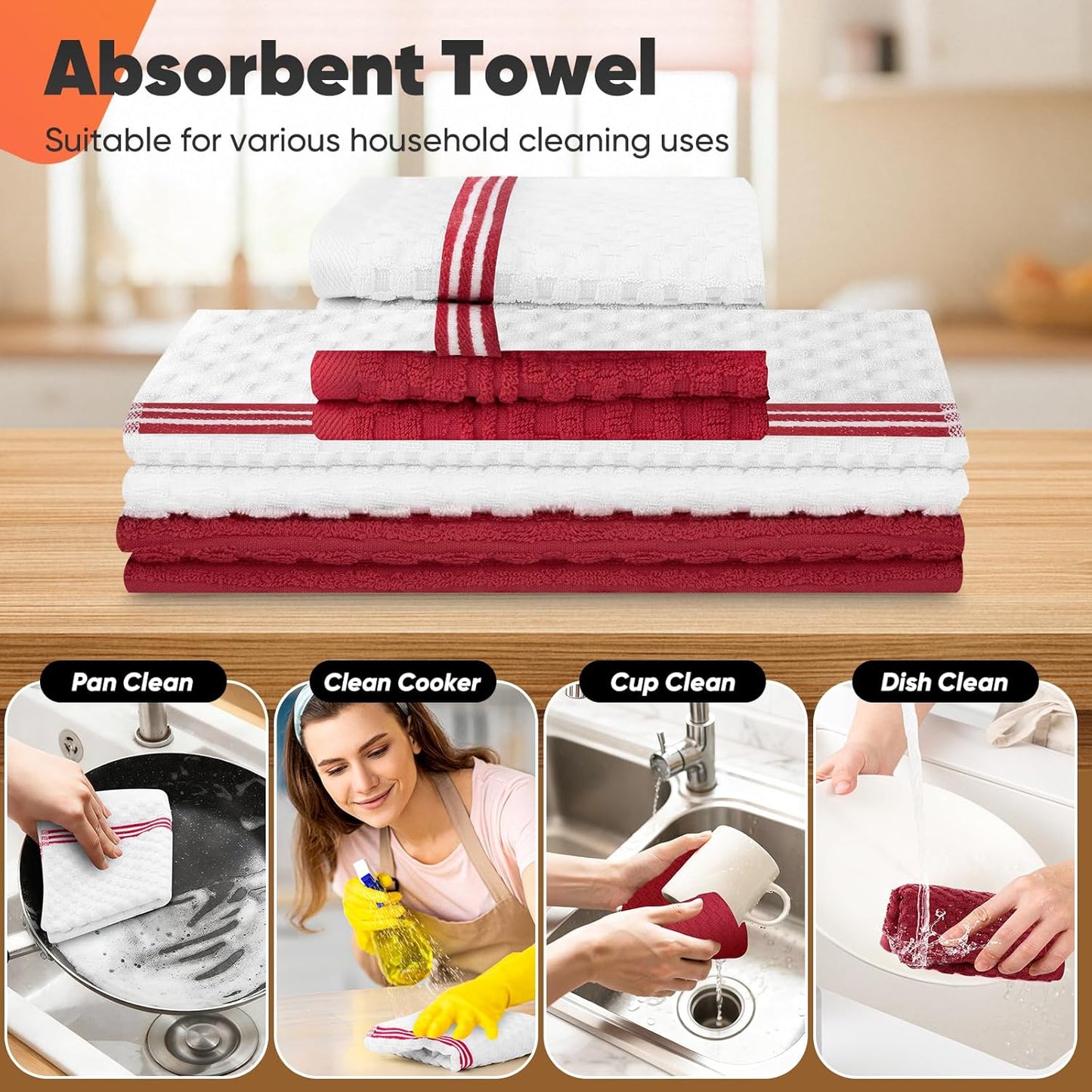 Skiennix Oven Mitts Set - 500°F Heat Resistant Gloves with Silicone Grip & Kitchen Towels | Red