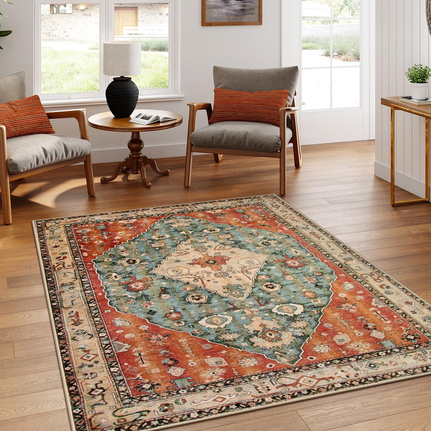 Lahome Boho Tribal 5x7 Washable Living Room Bedroom Rug, Oriental Soft Dining Room Rugs for Under Table, Large Distressed Printed Carpet for Entryway Kitchen Playroom (Rust/Dull Teal,5x7ft)