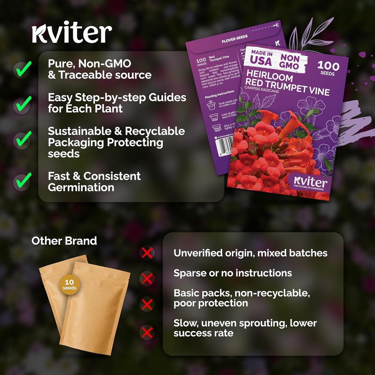 KVITER Red Trumpet Vine Seeds - Organic & Heirloom Hummingbird Creeper (Campsis Radicans) - Perennial Flower for Fences & Trellises