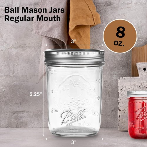 Ball Regular Mouth Mason Jars 8 oz. (12 Pack) - Half Pint Size Jars with Airtight Lids and Bands for Canning, Fermenting, Pickling, Meal Prep or DIY Decors and Projects Bundled with Peaknip Jar Opener