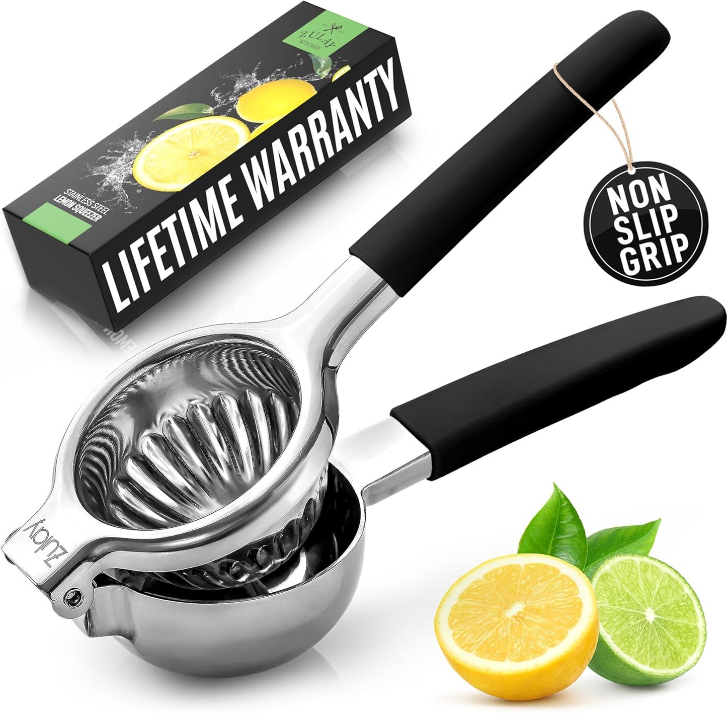 Zulay Lemon Squeezer - Premium Heavy-Duty Stainless Steel with Black Grip - Large Size