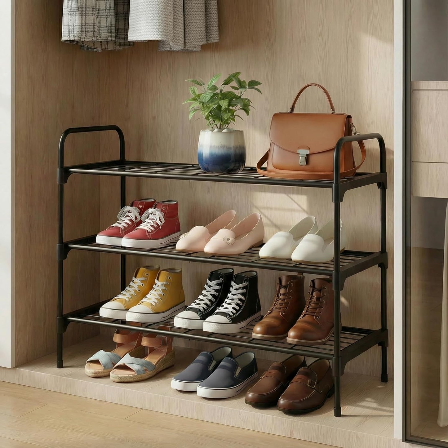 3-Tler Shoe Rack Organizer - Rustproof Iron Shoe Storage Shelf for Closet or Entryway | Fits Sneakers & Slippers, Black