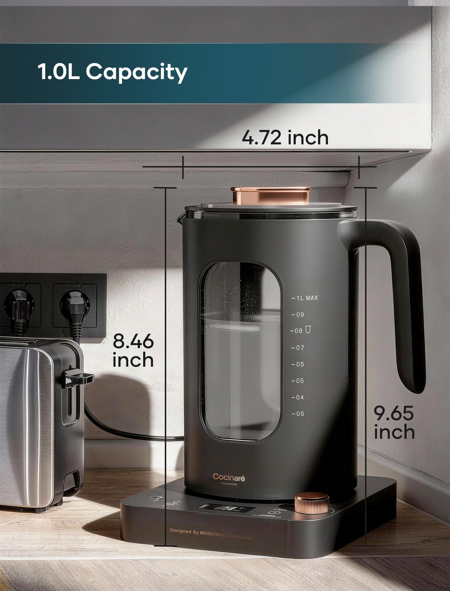 INTASTING Electric Tea Kettle, Electric Kettle with Tea Infuser, ±1℉ Knob Temperature Control, BPA-Free Glass, 1200W Fast Heating, Easy to Clean, 1 Liter (Dark Gray)