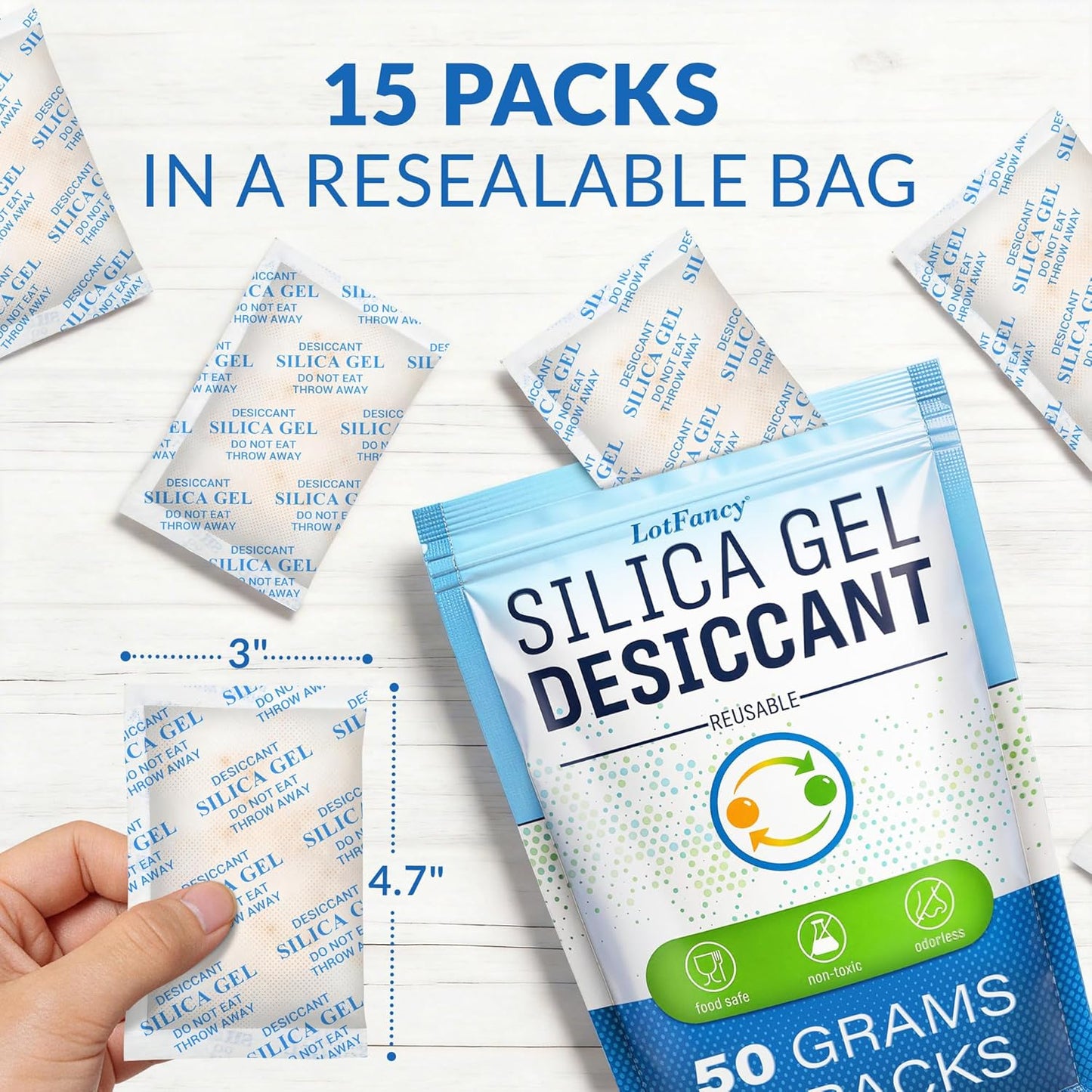 LotFancy Silica Gel Packets - Rechargeable Moisture Absorbers with Color Indicator | 50g, 15 Pack for Electronics & Gun Safe