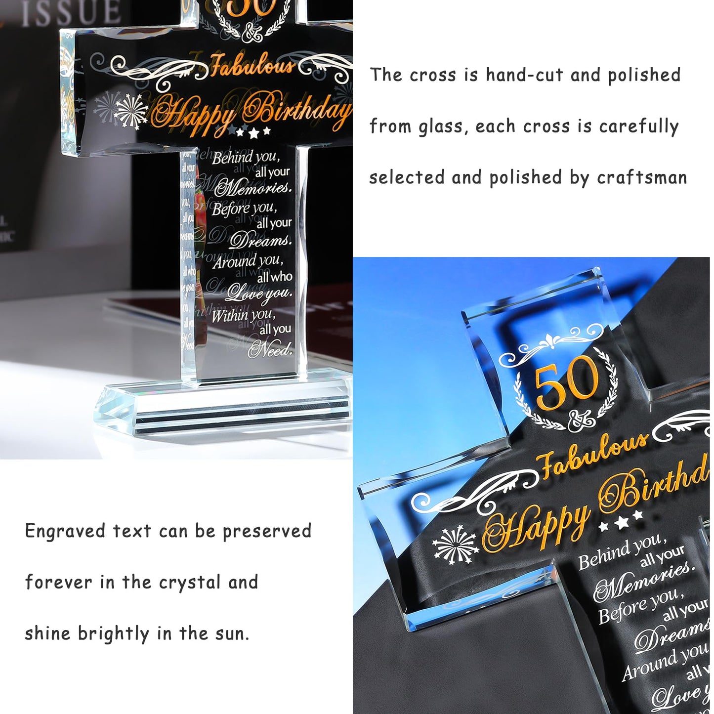 50th Birthday Religious Gifts for Women, Men - Glass Stand Cross Engraved with 50 Year Old Birthday Blessing for Sister, Friend, Wife - Turning 50 Keepsake Home Decor