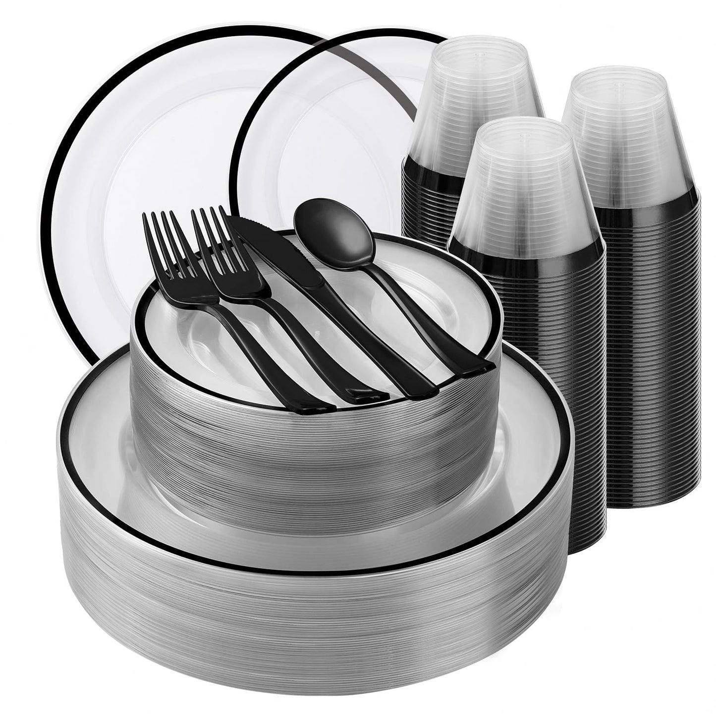 Beststar 350PCS Black and Clear Plastic Dinnerware Sets for 50 Guests, Include 100 Black Disposable Plates, 100 Forks, 50 Knives, 50 Spoons, 50 Cups,Halloween
