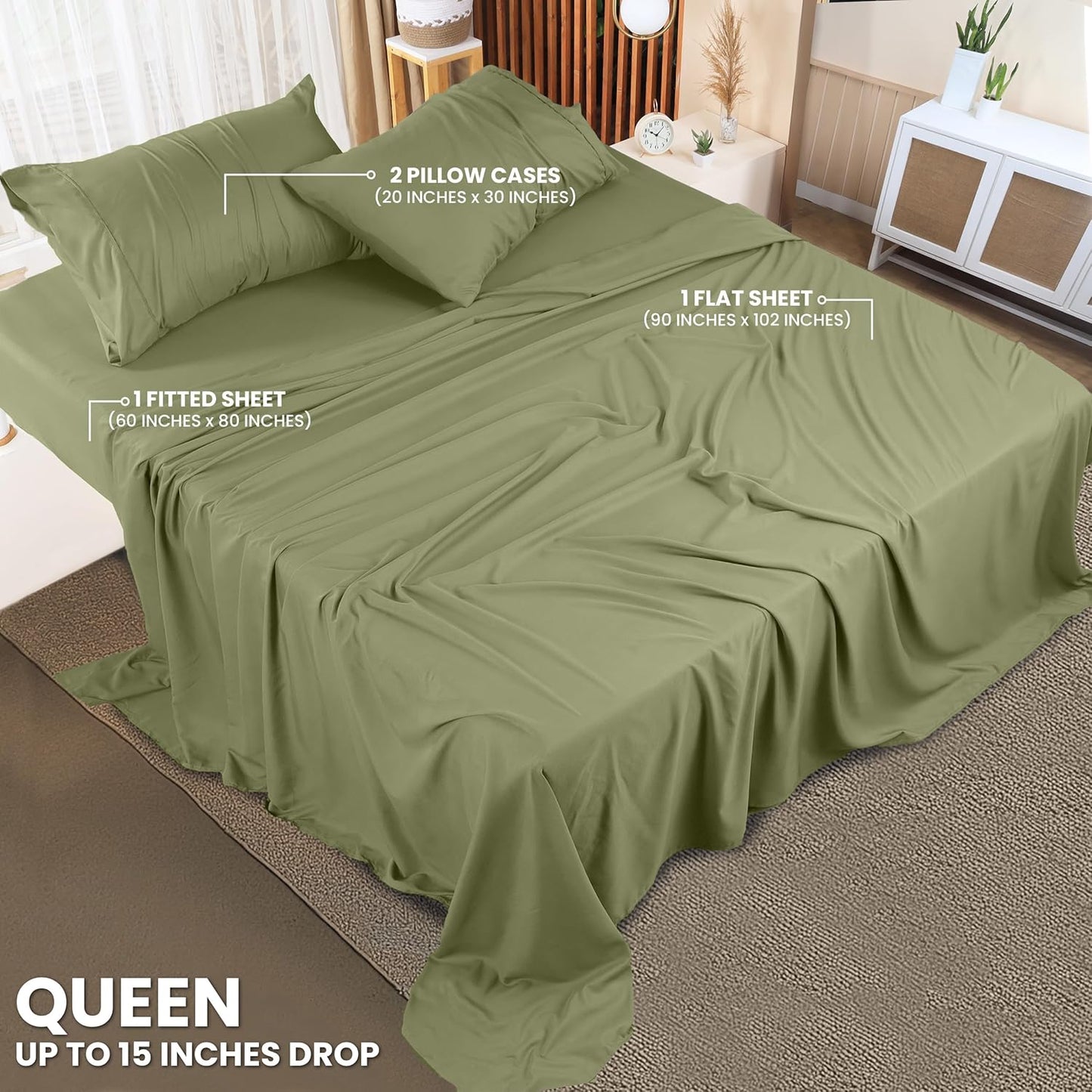 Utopia Bedding Queen Size Sheet Set - Soft, Breathable Microfiber, 4-Piece in Olive - Oeko-Tex Certified