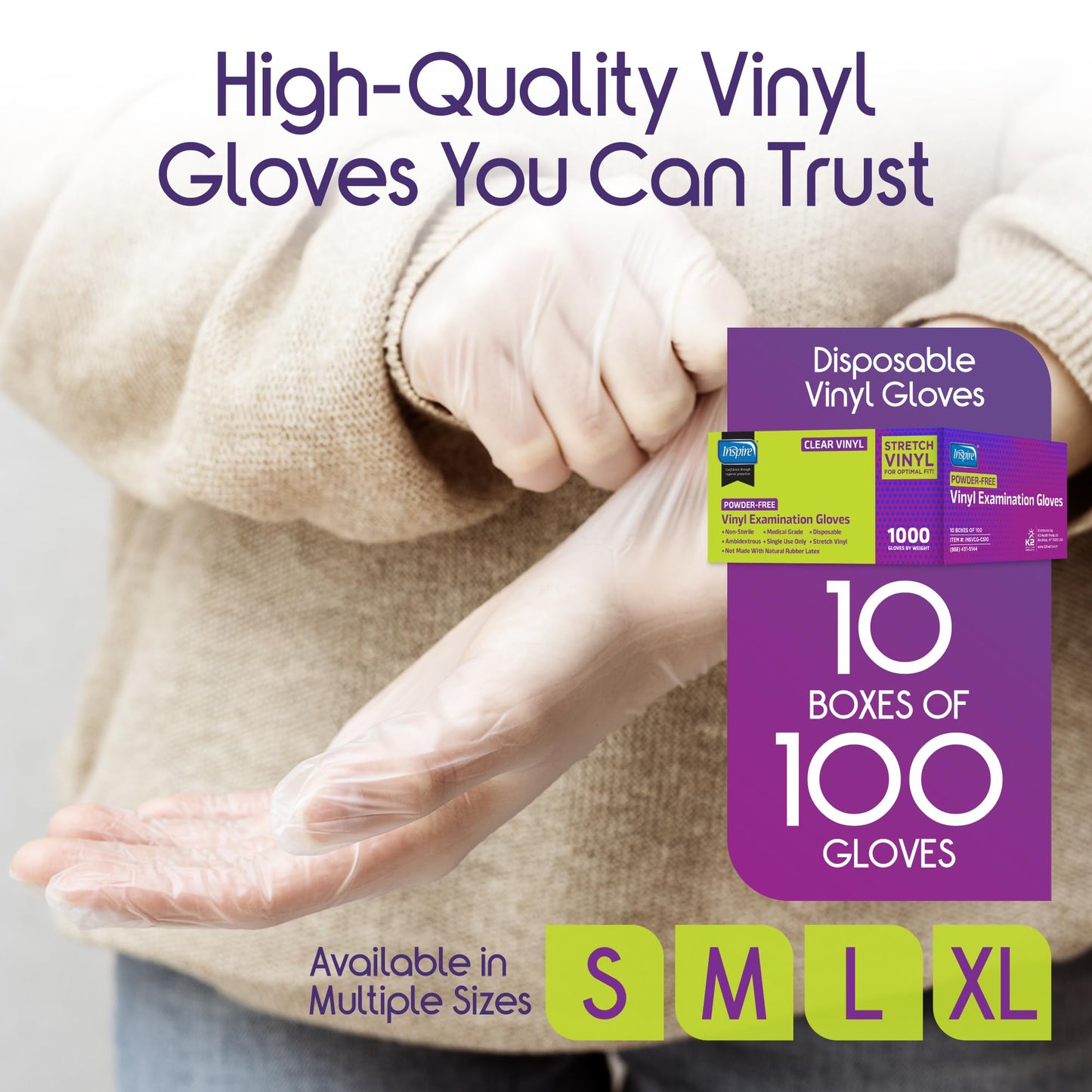 Inspire Exam Medical Clear Vinyl Disposable Gloves - Latex Free for Cleaning, Food Prep (Large)