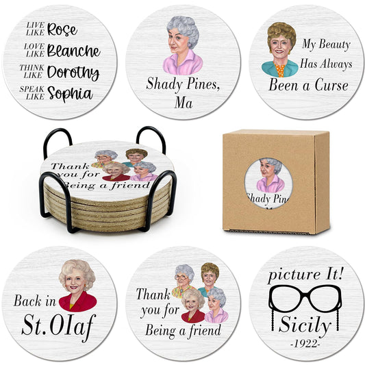 HSSPIRITZ 6 PCS Golden Girls Merchandise Cork Coasters for Drinks, Funny Coasters Set with Coaster Holder,Golden Girls TV Show Kitchen Decor Themed Coasters Gifts for Fans