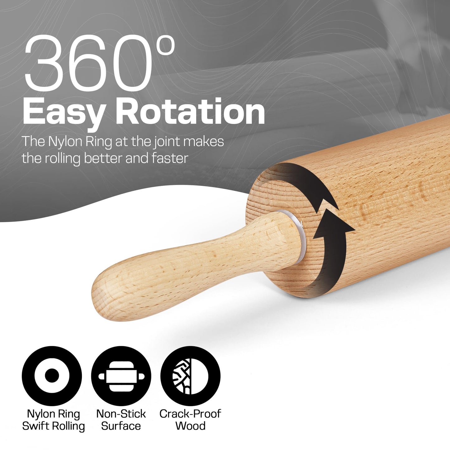 Wooden Rolling Pin 17.6 Inch with Rotating Ergonomic Handles – Classic Beech Wood Dough Roller for Baking Pizza, Pastry, Bread, and Cookies