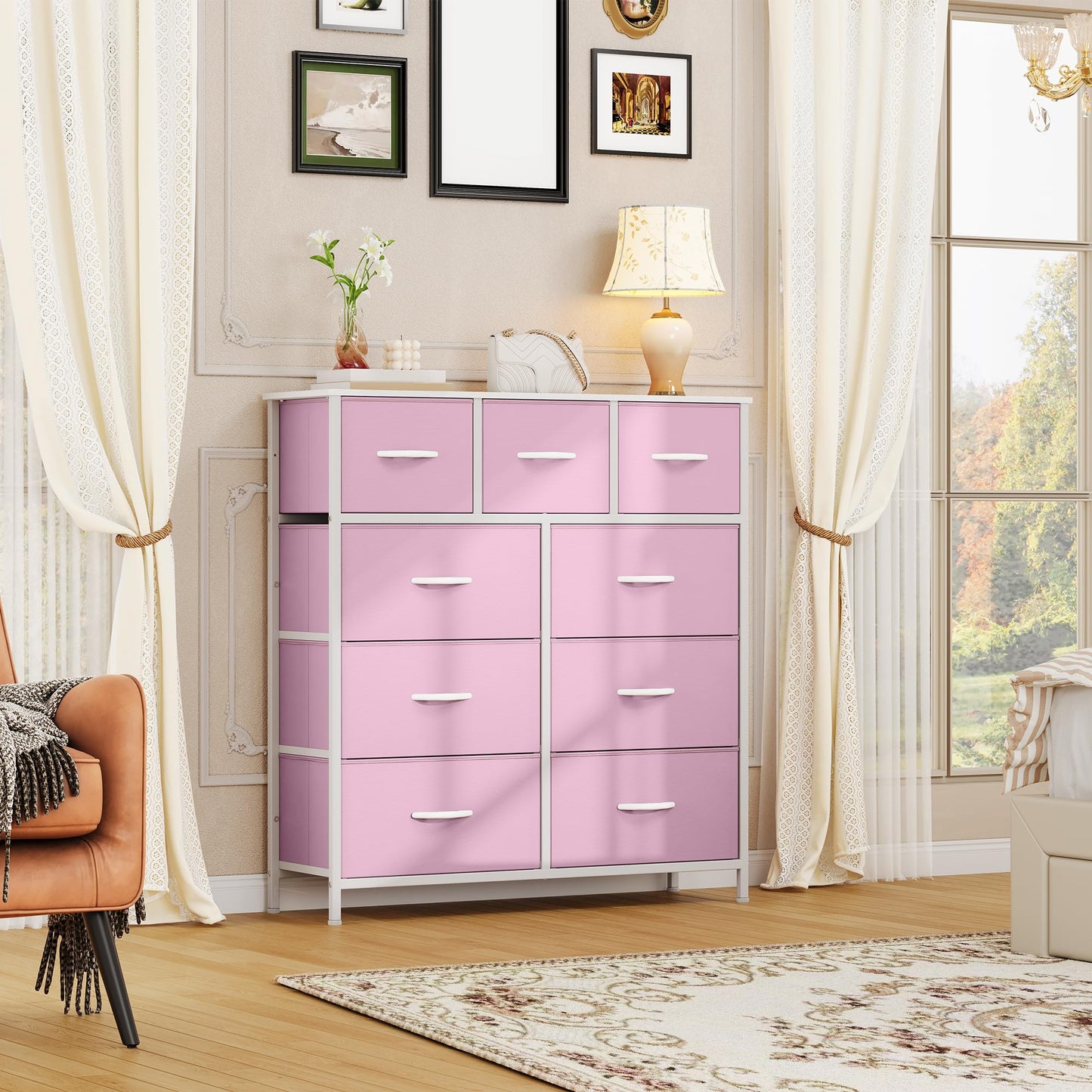DWVO Dresser with 9 Drawers, Fabric Storage Dresser, Closet Dresser & Chest of Drawers for Living Room, Closets - Sturdy Steel Frame, Wooden Top & Easy Pull Fabric Bins(Pink)