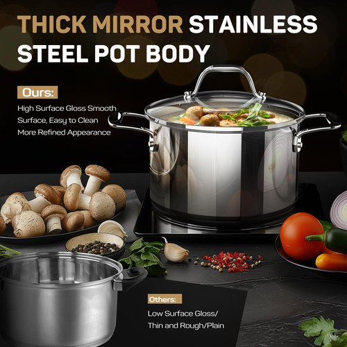 Ciwete 11-Piece Tri-Ply Stainless Steel Pots and Pans Set, 18/10 Stainless Steel Cookware Set with Steamer Insert, Induction Kitchen Cookware Sets with Cool Ergonomic Handles, Dishwasher, Oven Safe