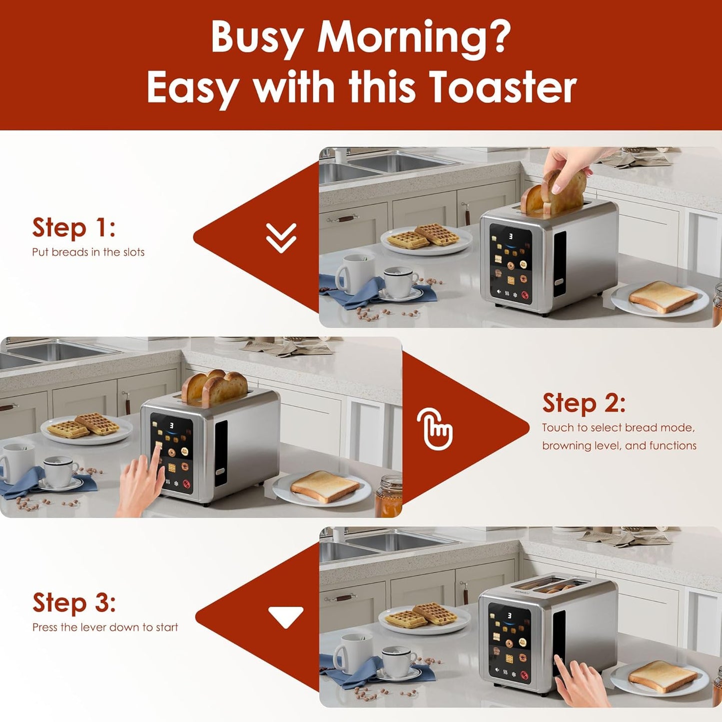 WHALL 2-Slice Stainless Steel Toaster - Full Touch Screen, Digital Timer, 6 Bread Types & Shade Settings, Silver