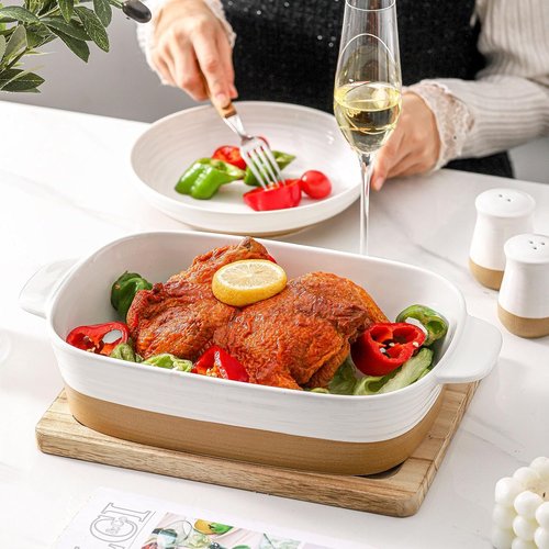 Hasense Ceramic Baking Dish - Non-Stick Lasagna Pan with Handle | 11.8x8.7 Inches, 3.4 Qt, White