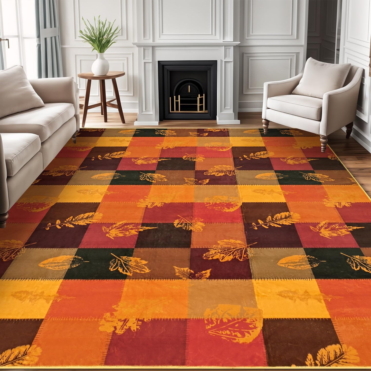 ASPMIZ Fall Area Rug 5x7 Washable Rugs for Living Room, Soft Faux Wool Thanksgiving Bedroom Rugs Non Slip Orange Maple Leaf Floor Carpet Low Pile Large Throw Rug for Dining Room Home Office Decor