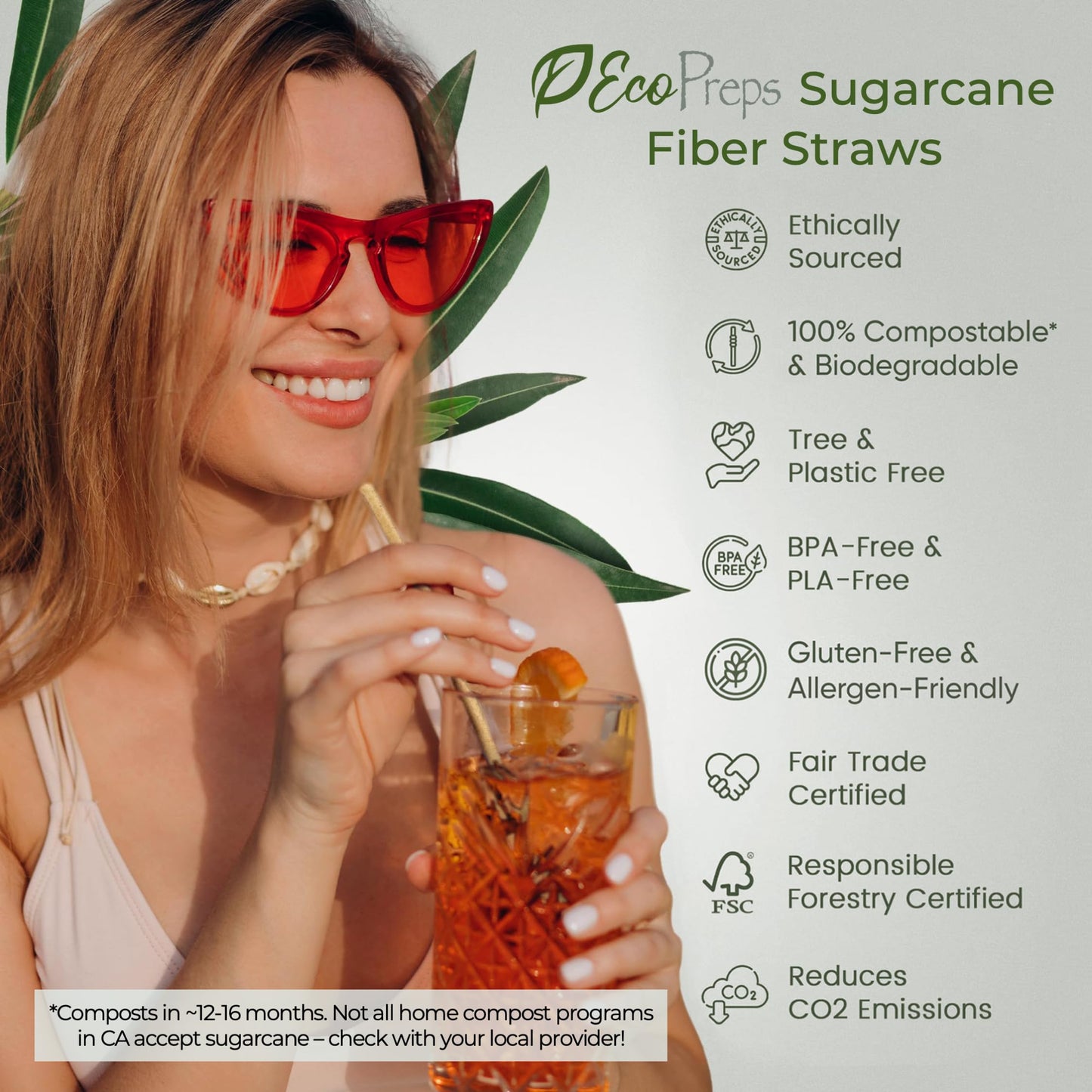 EcoPreps Biodegradable Sugarcane Straws, Plastic-Free Individually Wrapped Straws | 300 Count, 100% Compostable, Eco-Friendly Drinking Straw | 7.8” Sugar Fiber Disposable Straw, Packed in Paper Wrap