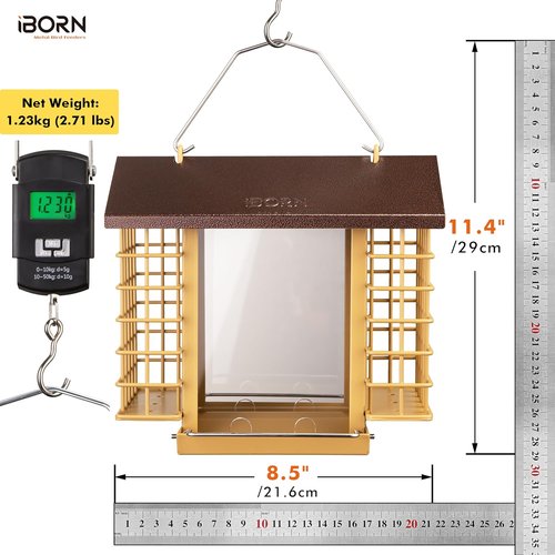 iBorn Bird Feeders - Weatherproof Suet Feeder with Double Holders | Easy to Refill & Clean, 3.2 LB Capacity, Coffee Roof & Yellow Grid