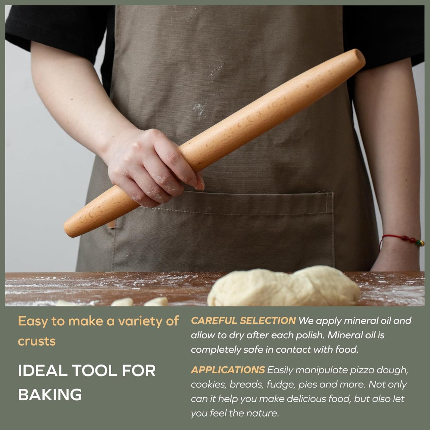 Muso Wood French Rolling Pin - Beech Wood Tapered Design for Baking | 15.75-Inch Size